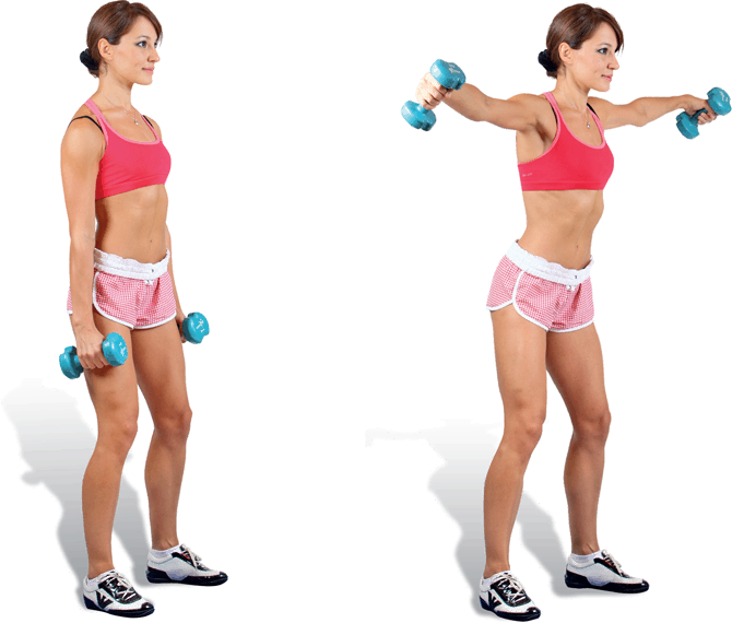 Переменная разводка гантелей в стороны и перед собой